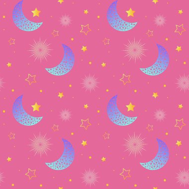 Yıldızlarla süslenmiş kusursuz yıldız desenleri ve pembe karikatür tarzında parlak ay. Vektör İllüstrasyonu. Yazdırma, arkaplan, tebrik kartı, ambalaj, kapak, kumaş, ambalaj kağıdı için tasarım