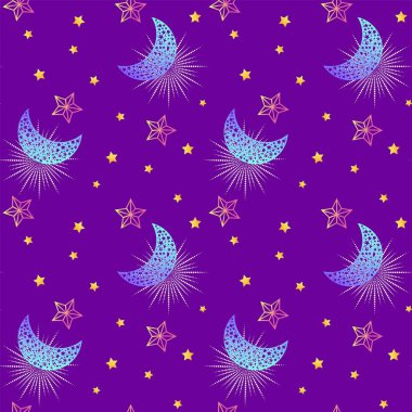 Yıldızlı kusursuz süs deseni ve çizgi film tarzında mor bir arka planda parlayan ay. Vektör çizimi. Yazdırma, kumaş, duvar kağıdı, arkaplan, kartpostal tasarımı.