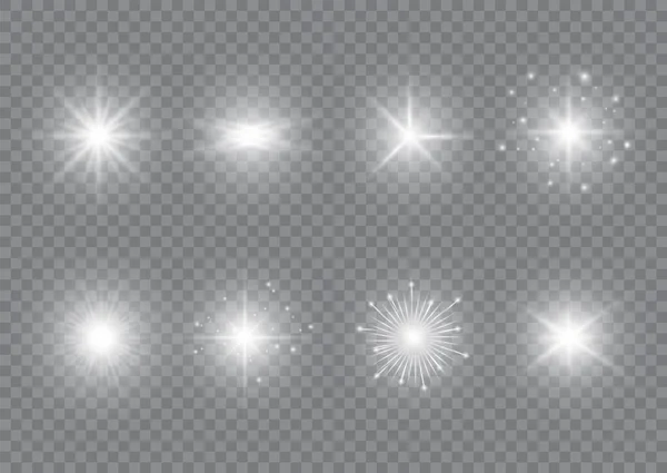 Insamling Ljuseffekter Gnistrande Stjärnor Blinkande Och Blinkande Ljus Transparent Bakgrund — Stock vektor
