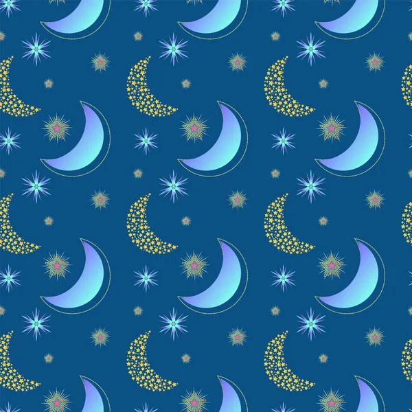 Nahtloses Sternmuster Ornament Mit Sternen Und Leuchtendem Mond Auf Blauem — Stockvektor