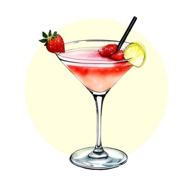 Cam kadehte el yapımı meyve kokteyli. Tropikal içeceğin suluboya çizimi. Menü, restoran, tebrik kartı, davetiye, tatil için izole tasarım öğesi. Vektör illüstrasyonu