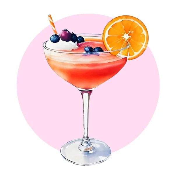 Cocktail Frutta Disegnato Mano Calice Vetro Disegno Acquerello Bevanda Tropicale — Vettoriale Stock