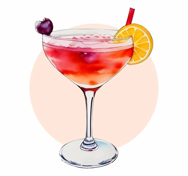 Cocktail Frutas Desenhado Mão Cálice Vidro Desenho Aquarela Bebida Tropical — Vetor de Stock
