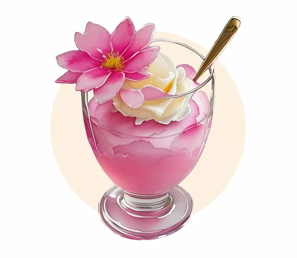 Handgezeichnetes Aquarell Cocktail Dessert Rosa Erdbeereis Glasbecher Isoliertes Gestaltungselement Auf — Stockvektor