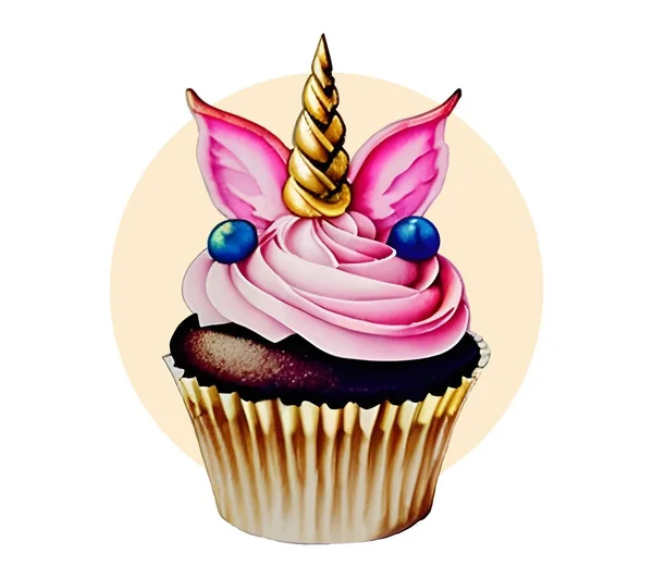 ピンククリーム 耳とゴールドユニコーンホーンと水彩カップケーキを塗装 ベビーシャワー パーティー 誕生日 グリーティングカードのための隔離されたデザイン要素 図面ベクトル図 — ストックベクタ