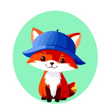 Mavi şapkalı, el çizimi şirin bir tilki. Dekoratif arka planda izole tasarım unsuru. Vektör çizimi. Çıkartma tasarımı, logo, kapak, tebrik kartı, çocuk kitabı. 