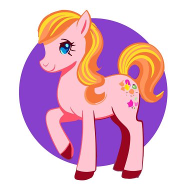 Çizgi film tarzında el çizimi sevimli pembe bir midilli. Dekoratif arka planda izole tasarım unsuru. Vektör çizimi. Çıkartma tasarımı, logo, kapak, tebrik kartı, çocuk kitabı. 