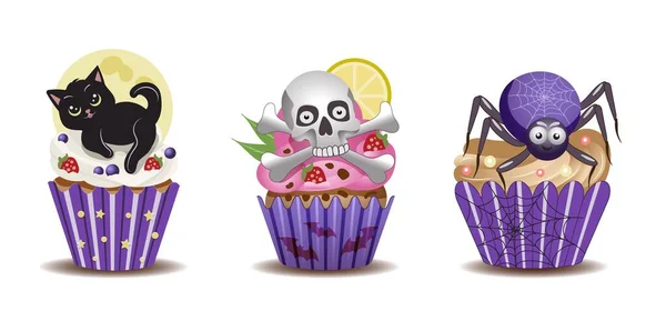 Ensemble Cupcakes Halloween Peints Main Dessert Crème Fruit Chat Noir — Image vectorielle