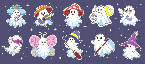 Set Hand Drawn Cute Ghost Isolated Items Design Sticker Greeting — Stock Vector