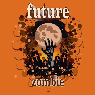 Zumby 'nin eli dolunay mezarlığının arka planında. Cadılar Bayramı partisi davetiye şablonu. Korku kapağı sanatı, tebrik kartı, sosyal medya paylaşımı için izole tasarım unsuru. Vektör illüstrasyonu