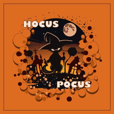 Mezarlığın arka planında korkunç bir canavar ve dolunay yazılı. Cadılar Bayramı posteri için şablon tasarımı, tebrik kartı, parti davetiyesi, baskı, sosyal medya paylaşımı. Vektör illüstrasyonu