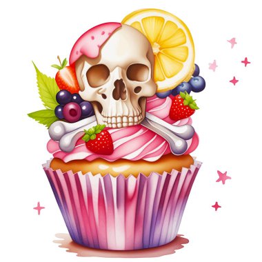 Drawing Halloween cupcake with creme fraiche skull bones and fruit. Isolated on white background design element. Holiday illustration for greeting card, party, print, poster, cover. Vector illustration clipart