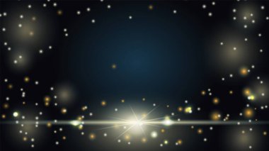 Soyut tatil arka planı ışık efektleri, parıltı, bokeh, yıldızlar, ışınlar, parıltı, koyu mavi arka planda parlama. Parti için tasarım, doğum günü, yeni yıl, Noel. Vektör illüstrasyonu