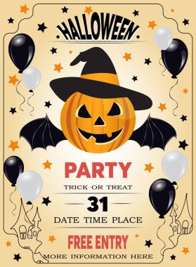 Mutlu Cadılar Bayramı tasarım davetiye broşürleri ya da parti afişleri. Balkabağı, şapka, yarasa ve balon çiziyorum. Davetiye koruma planı. 31 Ekim, akşam promosyon çalışmaları. Vektör 