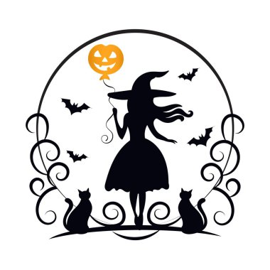 Siyah kedili kara siluet cadı dolunaya karşı beyaz arka planda. Cadılar Bayramı 'nda çizim stili. Şablon tasarımı tebrik kartı, broşür, poster, kapak.  