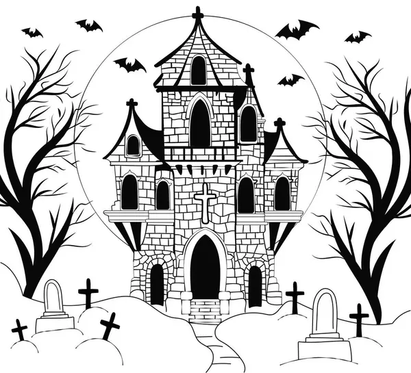在满月的映衬下 这间闹鬼的房子 万圣节的矢量图解 贺卡设计 传单模板 社交媒体 黑白画 — 图库矢量图片