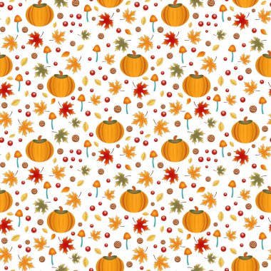 Beyaz arka planda akçaağaç yaprakları ve balkabaklarının kusursuz desenli süsü. Vektör çizimi. Sonbahar tasarım tebrik kartı, duvar kağıdı, kumaş, baskı, şükran günü, hasat tatili. 