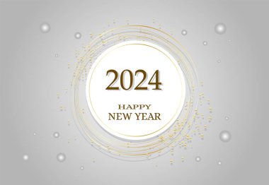 Kapak tasarımı şablonu mutlu yeni yıl 2024 kapak tasarımı şablonu minimal stilde. Beyaz çerçeveli metin, altın daireler ve açık gri arkaplanda dekoratif noktalar. Vektör illüstrasyonu. 