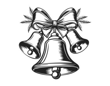 Noel ağacı dalına fiyonklu siyah-beyaz doğum çanları çiziyor. Beyaz arkaplanda izole tasarım unsuru. Tebrik kartı, poster, kapak, afiş. Vektör illüstrasyonu.  