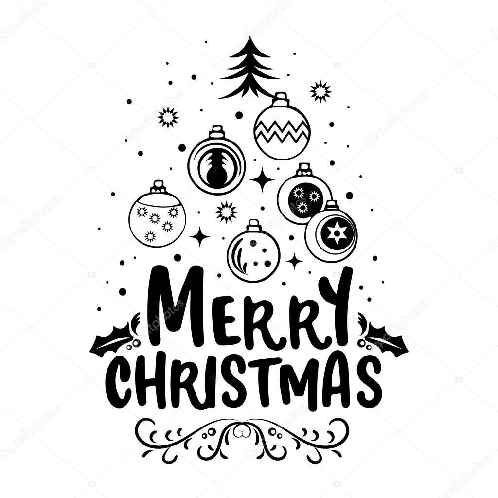 Hand drawn lettering greeting Merry Christmas with silhouette of Christmas tree snowflakes and Christmas tree balls. Isolated design element on white background. Vector illustration