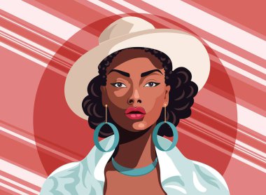 Kırmızı arka planda duran beyaz şapkalı ve mavi kolyeli güzel bir kadın. Afrikalı Amerikalı bir kızın portresi. Vektör illüstrasyonu 