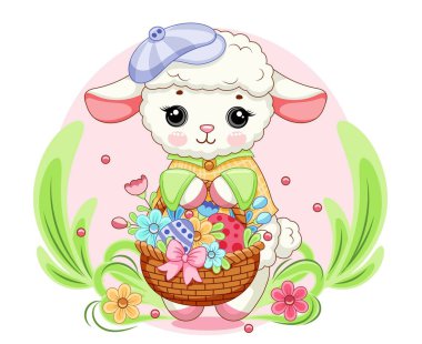 Easter sheep lamb in purple cap with basket of flowers against a backdrop of green grass. Clipart for greeting card, poster, postcard, birthday, easter. Vector illustration.  clipart