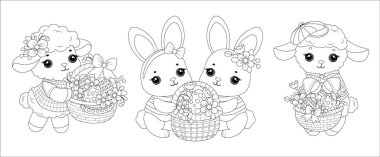 Şirin hayvanlar seti. Paskalya tavşanı ve sepetli koyun. Boyama kitabı için el çizimi siyah beyaz taslak. İzole tasarım öğesi. Vektör illüstrasyonu.