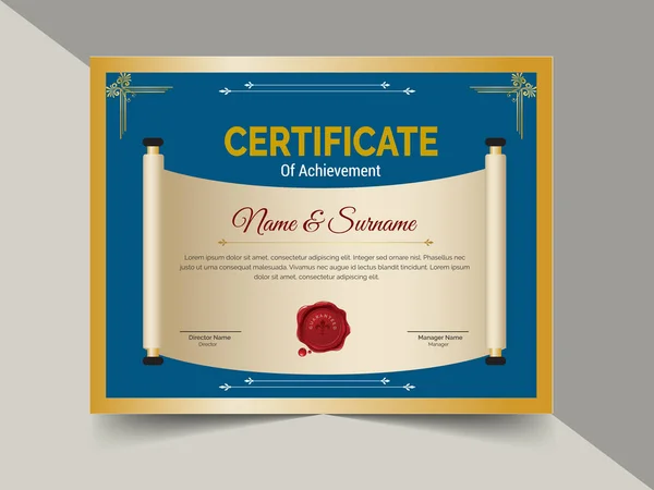 Certificado Moderno Design Modelo Realização Luxo Elegante Azul Ouro Diploma —  Vetores de Stock