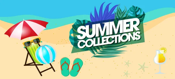Summer Sale Banner Poster Design Tropical Beach Background Vector Realistic — Stock Vector