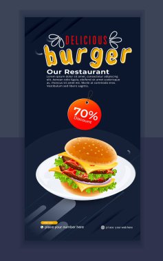 Yaratıcı fast food ve restoran afiş, lezzetli burger ve yemek menüsü Instagram ve Facebook hikaye şablonu