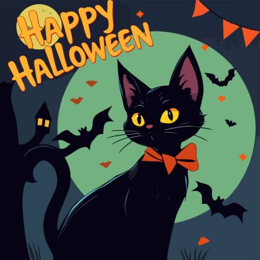 Halloween ghost and black cat  angry spooky illustration design clipart