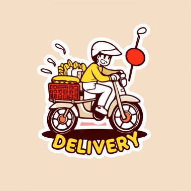 Food delivery man logo with motor bike sticker characters clipart