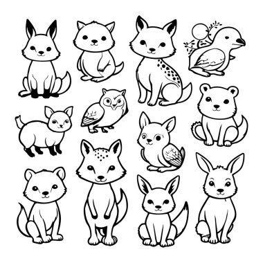 Black and white cute animal kids collection, sketch line art design, Adorable animal, domestic animal set silhouette vector, wild animal illustration. clipart