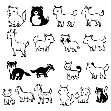 Black and white cute animal kids collection, sketch line art design, Adorable animal, domestic animal set silhouette vector, wild animal illustration. clipart