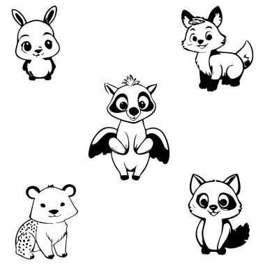 Black and white cute animal kids collection, sketch line art design, Adorable animal, domestic animal set silhouette vector, wild animal illustration. clipart