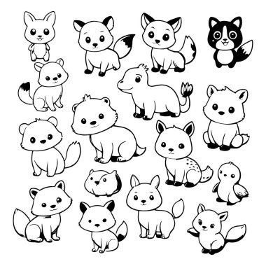 Black and white cute animal kids collection, sketch line art design, Adorable animal, domestic animal set silhouette vector, wild animal illustration. clipart