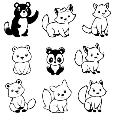 Black and white cute animal kids collection, sketch line art design, Adorable animal, domestic animal set silhouette vector, wild animal illustration. clipart