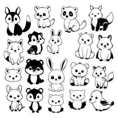 Black and white cute animal kids collection, sketch line art design, Adorable animal, domestic animal set silhouette vector, wild animal illustration. clipart