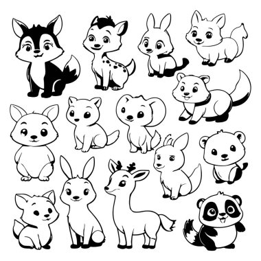 Black and white cute animal kids collection, sketch line art design, Adorable animal, domestic animal set silhouette vector, wild animal illustration. clipart