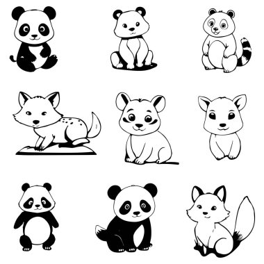 Black and white cute animal kids collection, sketch line art design, Adorable animal, domestic animal set silhouette vector, wild animal illustration. clipart