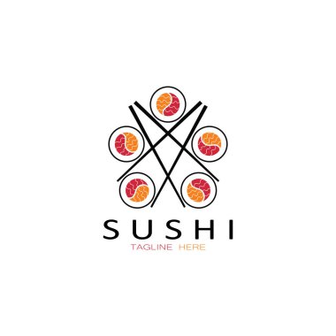 Suşi logo şablonu. Vektör Simgesi İllüstrasyon Barı veya Dükkan, Suşi, Somon Roll, Suşi ve çubuk çubuğu veya restoran vektör logosu şablonu ile rulo 