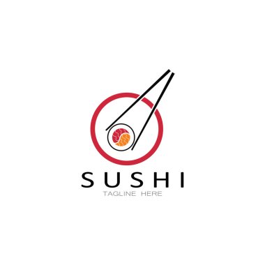 Suşi logo şablonu. Vektör Simgesi İllüstrasyon Barı veya Dükkan, Suşi, Somon Roll, Suşi ve çubuk çubuğu veya restoran vektör logosu şablonu ile rulo 