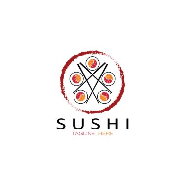 Suşi logo şablonu. Vektör Simgesi İllüstrasyon Barı veya Dükkan, Suşi, Somon Roll, Suşi ve çubuk çubuğu veya restoran vektör logosu şablonu ile rulo 