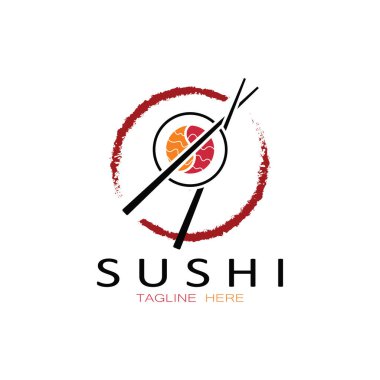 Suşi logo şablonu. Vektör Simgesi İllüstrasyon Barı veya Dükkan, Suşi, Somon Roll, Suşi ve çubuk çubuğu veya restoran vektör logosu şablonu ile rulo 