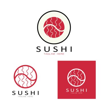 Suşi logo şablonu. Vektör Simgesi İllüstrasyon Barı veya Dükkan, Suşi, Somon Roll, Suşi ve çubuk çubuğu veya restoran vektör logosu şablonu ile rulo 
