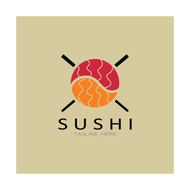 Suşi logo şablonu. Vektör Simgesi İllüstrasyon Barı veya Dükkan, Suşi, Somon Roll, Suşi ve çubuk çubuğu veya restoran vektör logosu şablonu ile rulo 