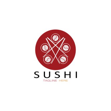 Suşi logo şablonu. Vektör Simgesi İllüstrasyon Barı veya Dükkan, Suşi, Somon Roll, Suşi ve çubuk çubuğu veya restoran vektör logosu şablonu ile rulo 