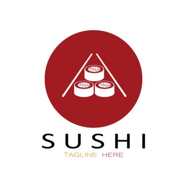 Suşi logo şablonu. Vektör Simgesi İllüstrasyon Barı veya Dükkan, Suşi, Somon Roll, Suşi ve çubuk çubuğu veya restoran vektör logosu şablonu ile rulo 