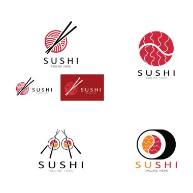 Suşi logo şablonu. Vektör Simgesi İllüstrasyon Barı veya Dükkan, Suşi, Somon Roll, Suşi ve çubuk çubuğu veya restoran vektör logosu şablonu ile rulo 