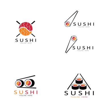 Suşi logo şablonu. Vektör Simgesi İllüstrasyon Barı veya Dükkan, Suşi, Somon Roll, Suşi ve çubuk çubuğu veya restoran vektör logosu şablonu ile rulo 